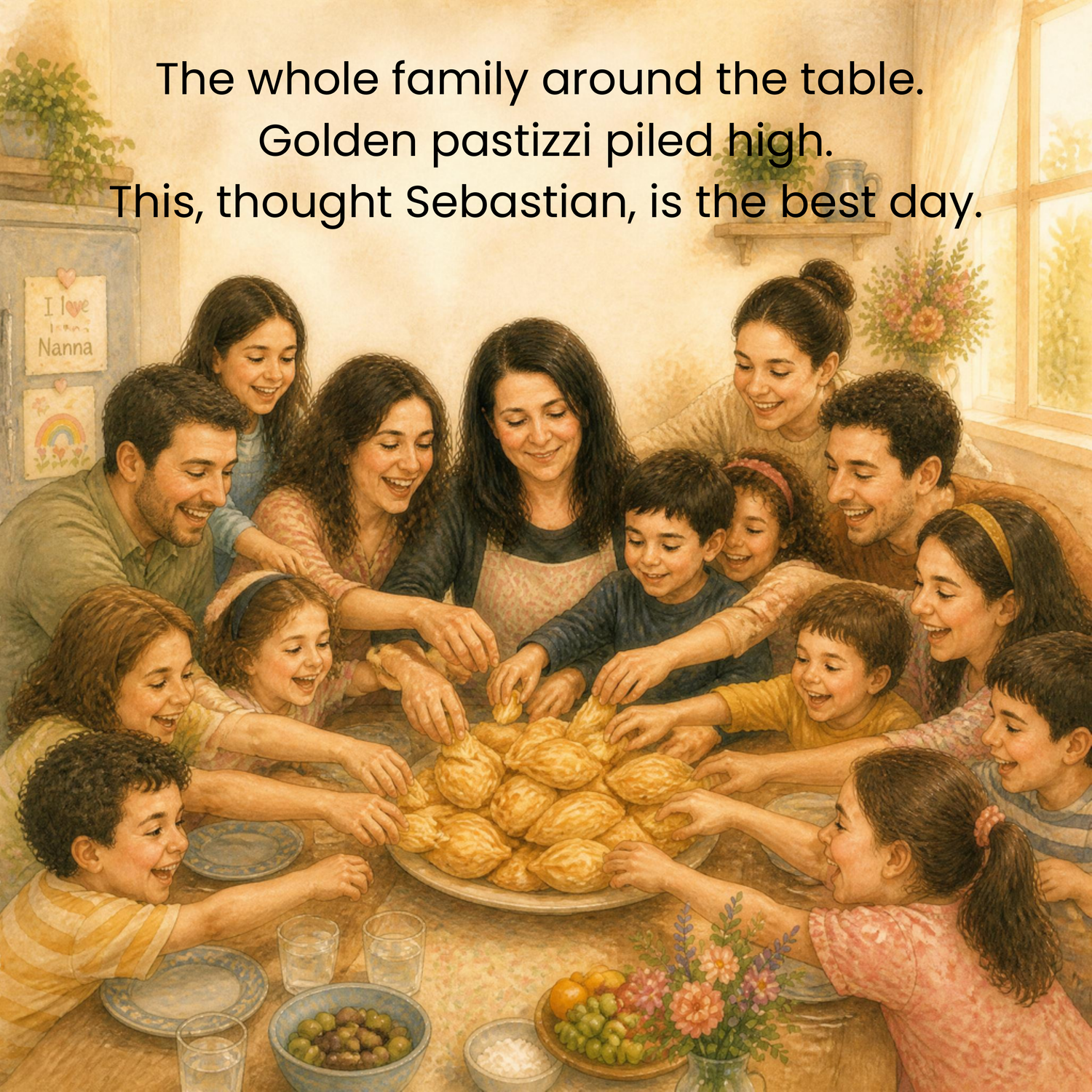 The whole family gathers around the table with golden pastizzi piled high