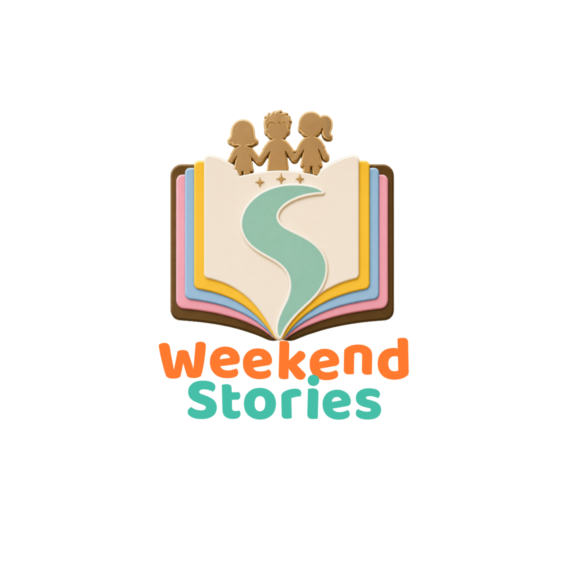 Weekend Stories logo with an open book and three children