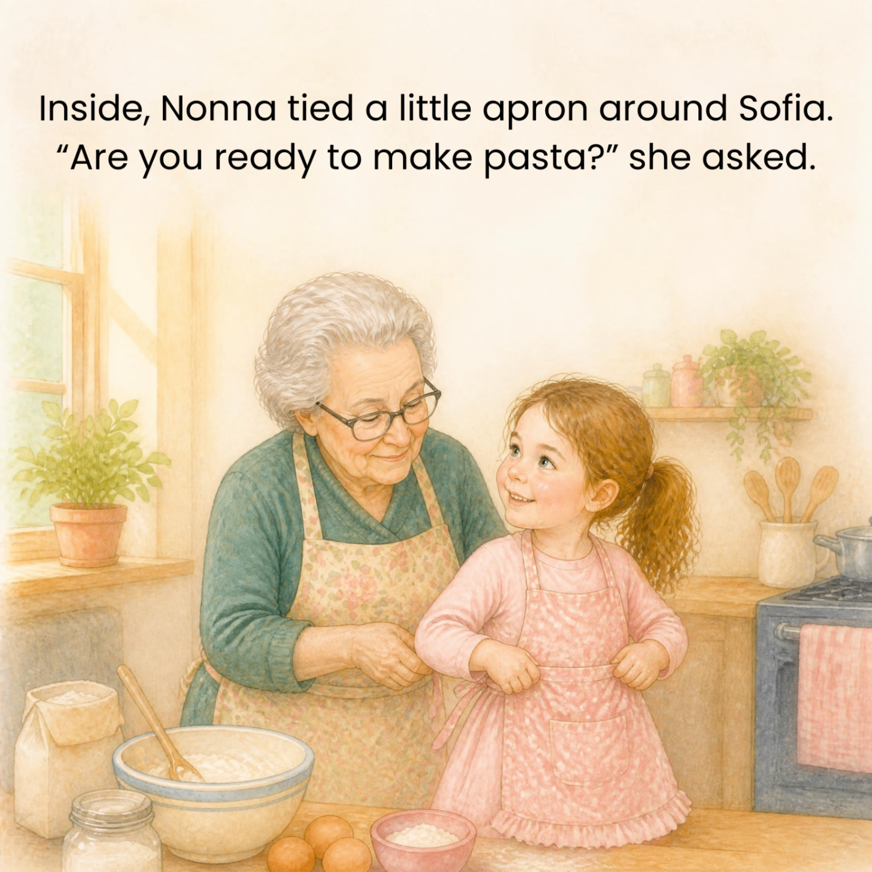 Nonna ties a little apron around Sofia and asks if she is ready to make pasta