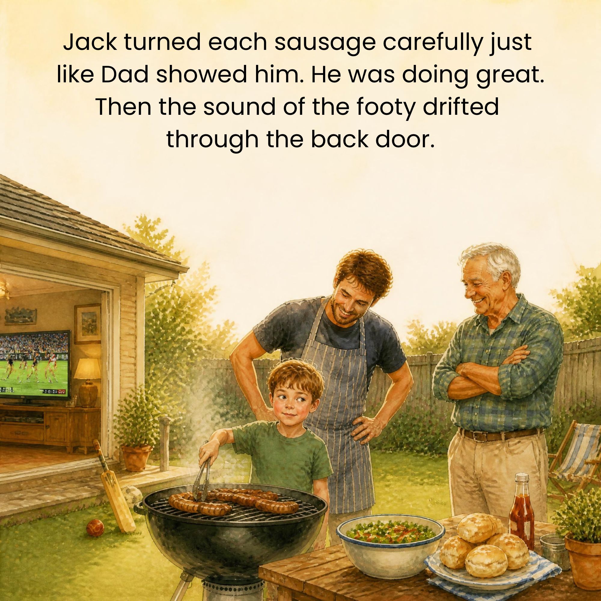 Jack turns sausages on the BBQ with Dad and Grandpa watching