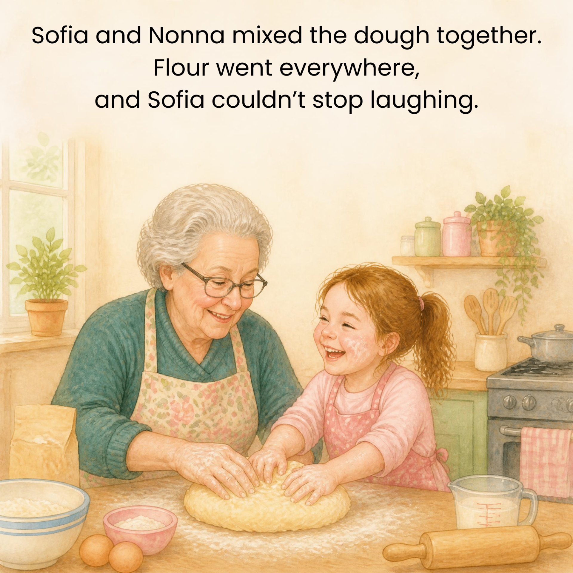Sofia and Nonna mix the dough together while Sofia laughs