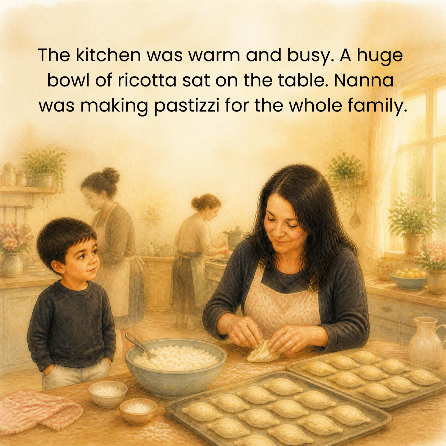 Nanna makes pastizzi in a warm, busy kitchen while Sebastian watches
