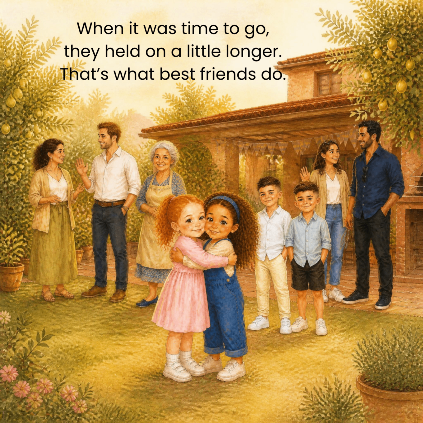 Eleni and Sofia hug goodbye while their families smile in the garden
