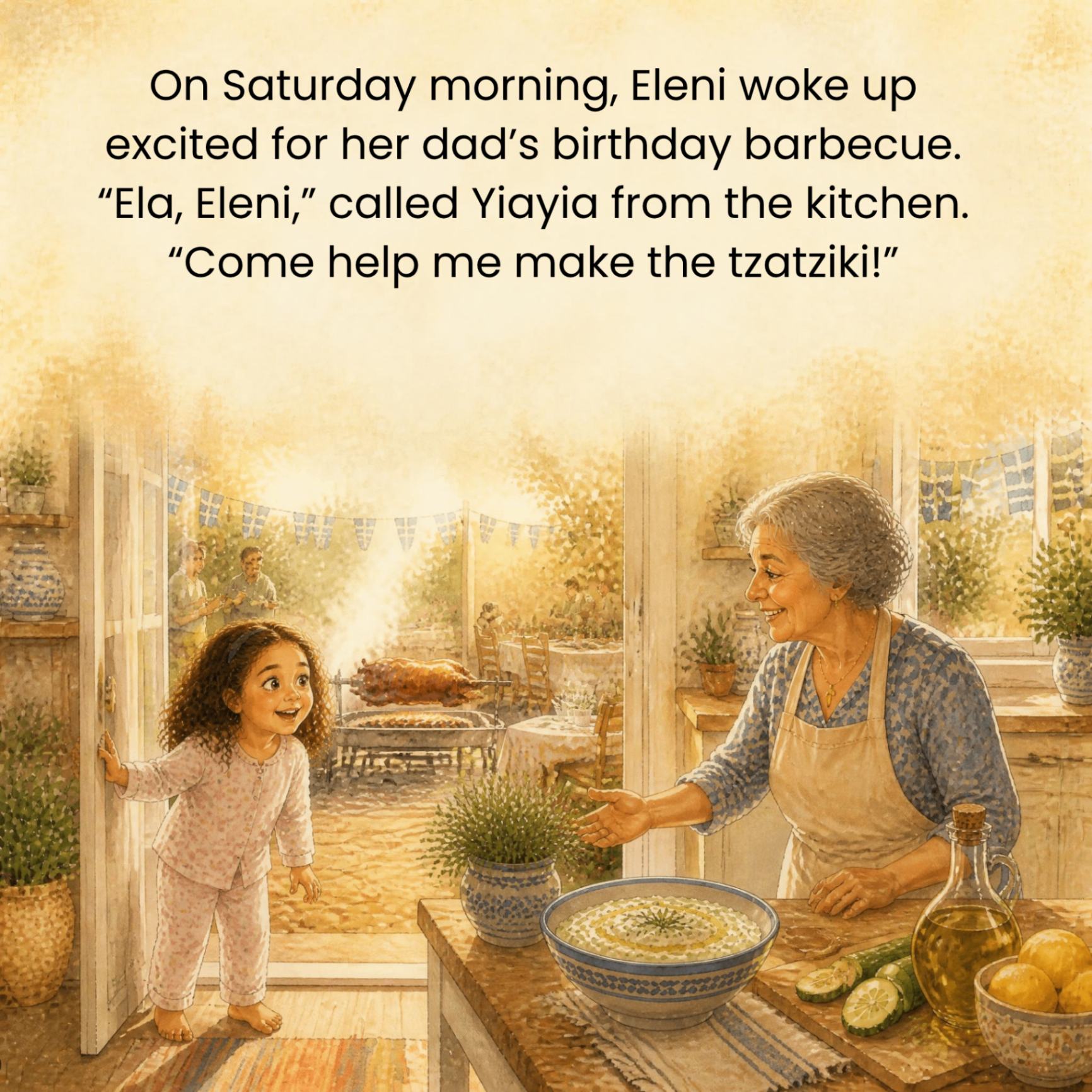 Yiayia calls Eleni into the kitchen to help make tzatziki for the barbecue
