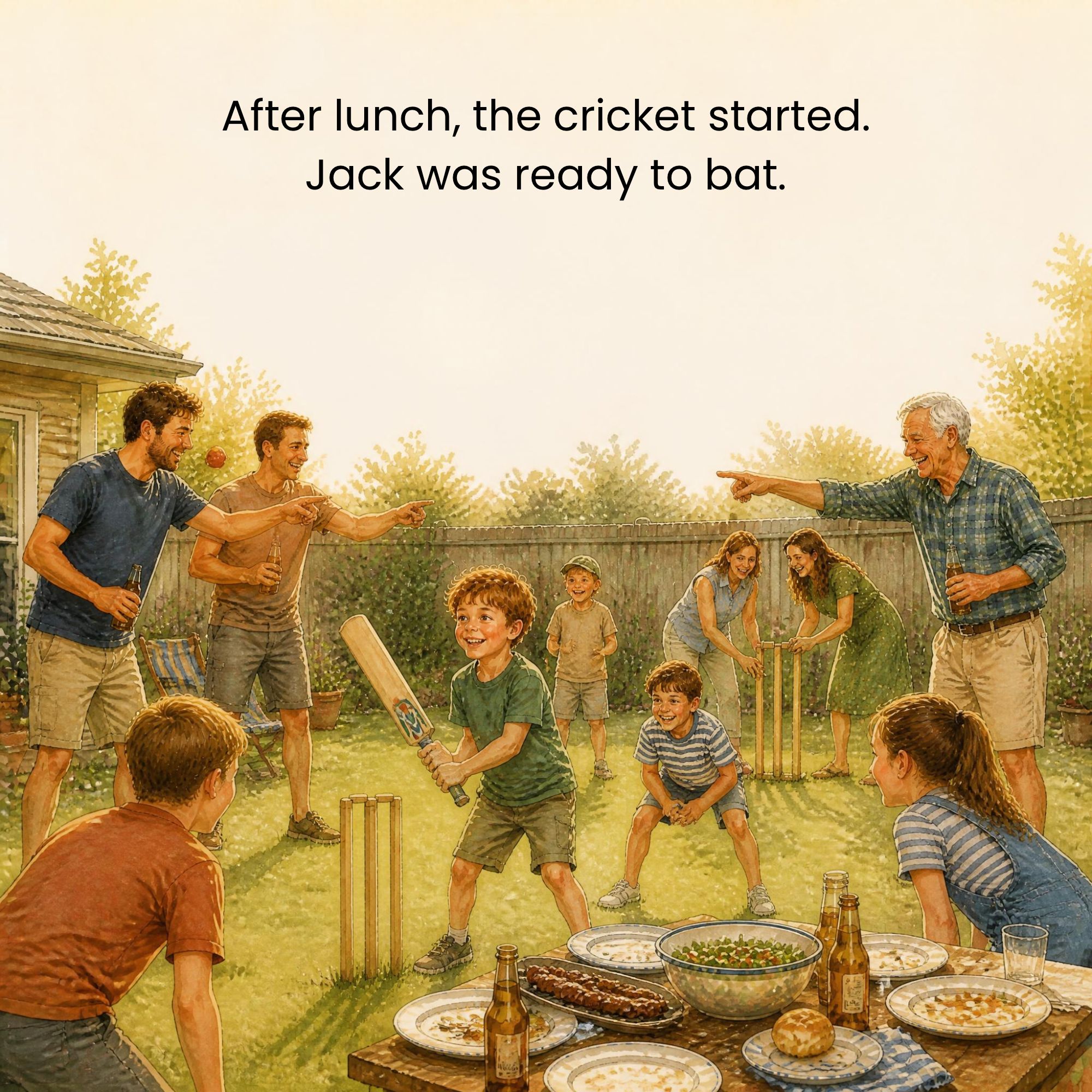 After lunch the family plays cricket in the backyard and Jack is ready to bat